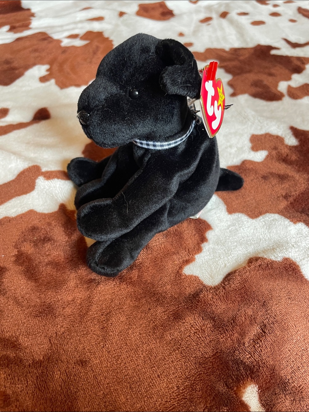 Ty Black Plush Puppy with Checkered Collar and Hang Tag